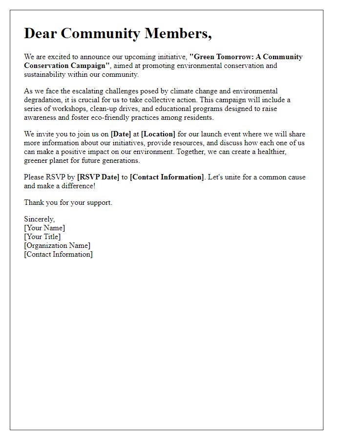 Letter template of a public awareness campaign for environmental conservation initiative