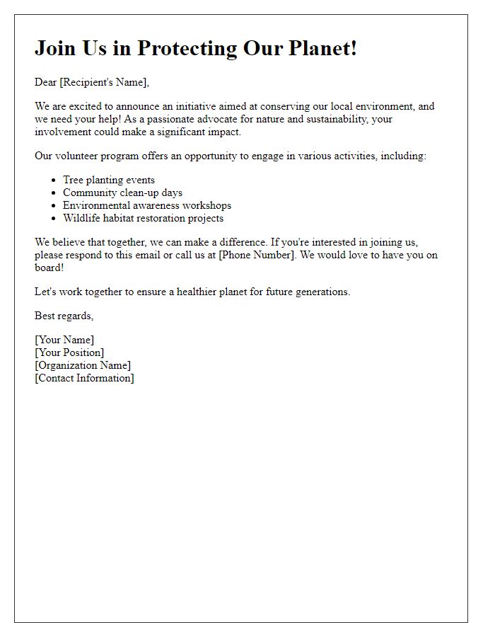 Letter template of a volunteer recruitment for environmental conservation initiative