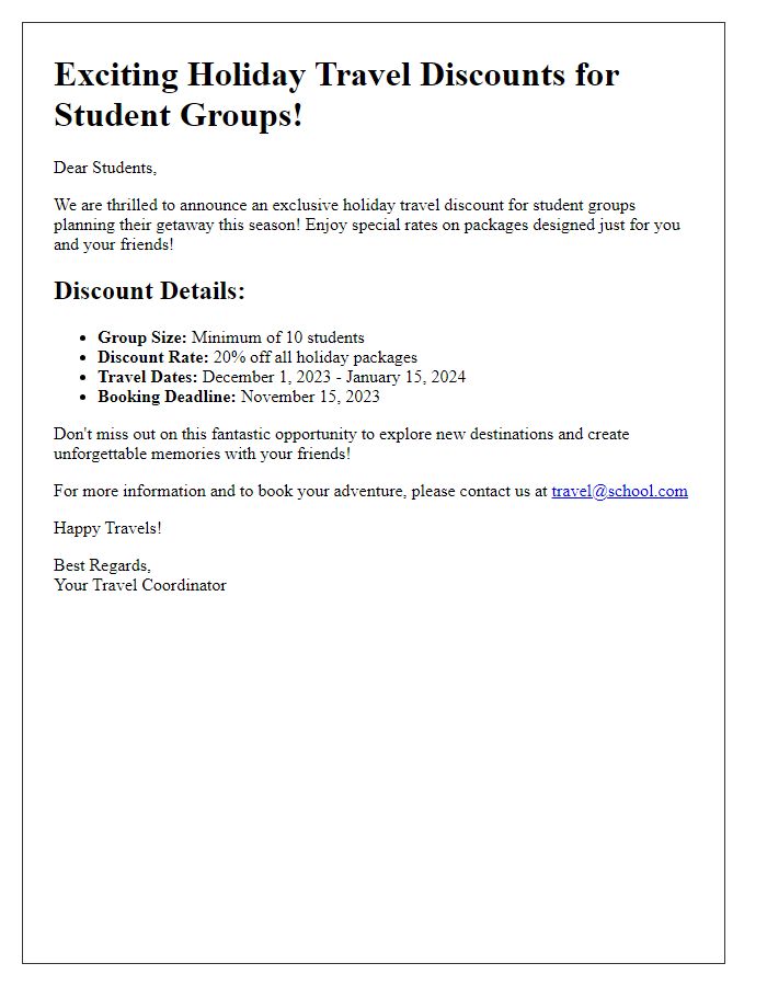 Letter template of holiday travel discount announcements for student groups