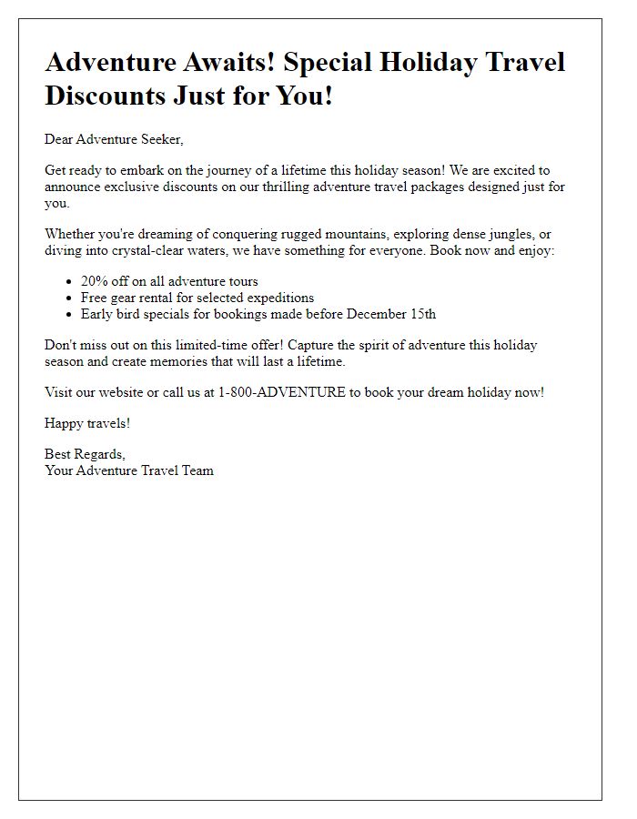 Letter template of holiday travel discount campaigns for adventure seekers