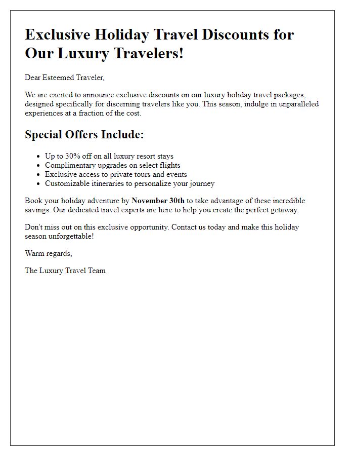 Letter template of holiday travel discount news for luxury travelers