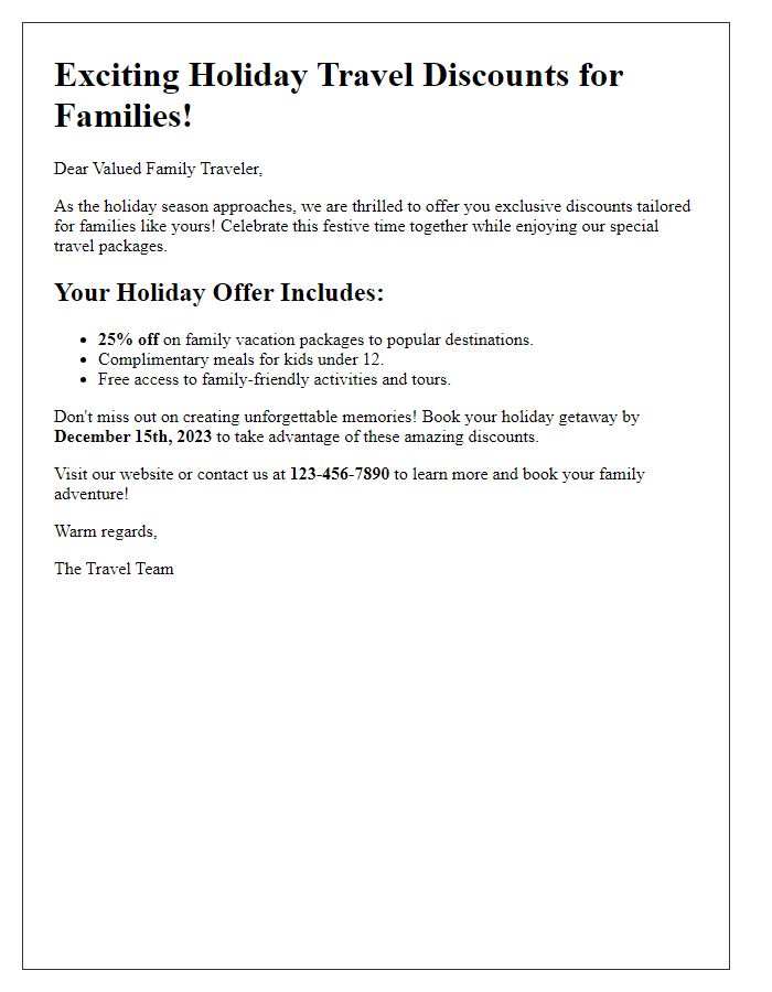 Letter template of holiday travel discount offers for families