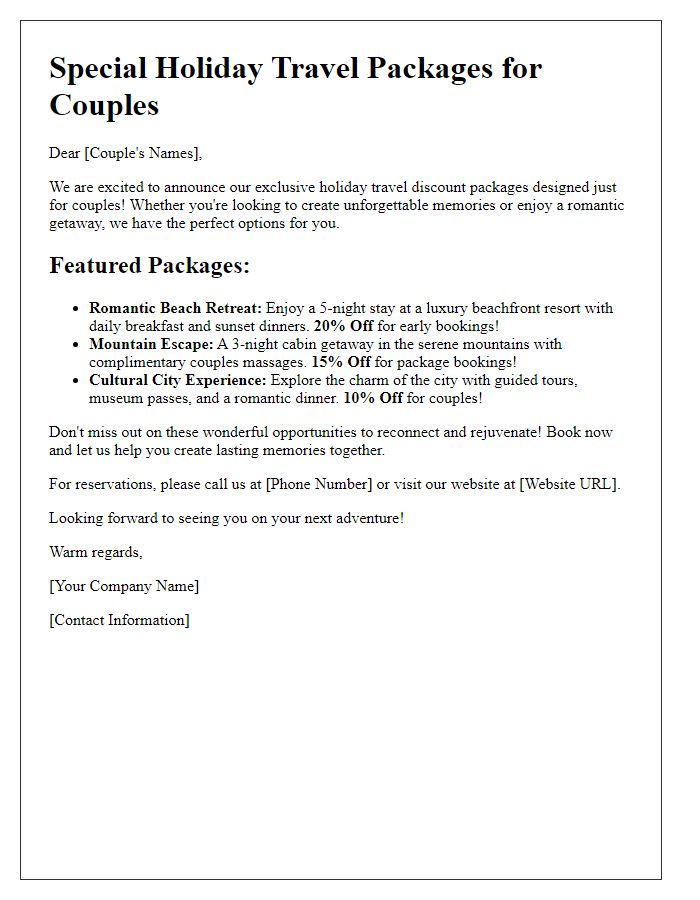 Letter template of holiday travel discount packages for couples