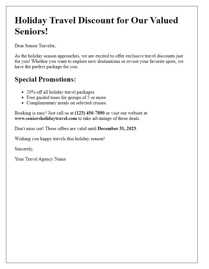 Letter template of holiday travel discount promotions for seniors