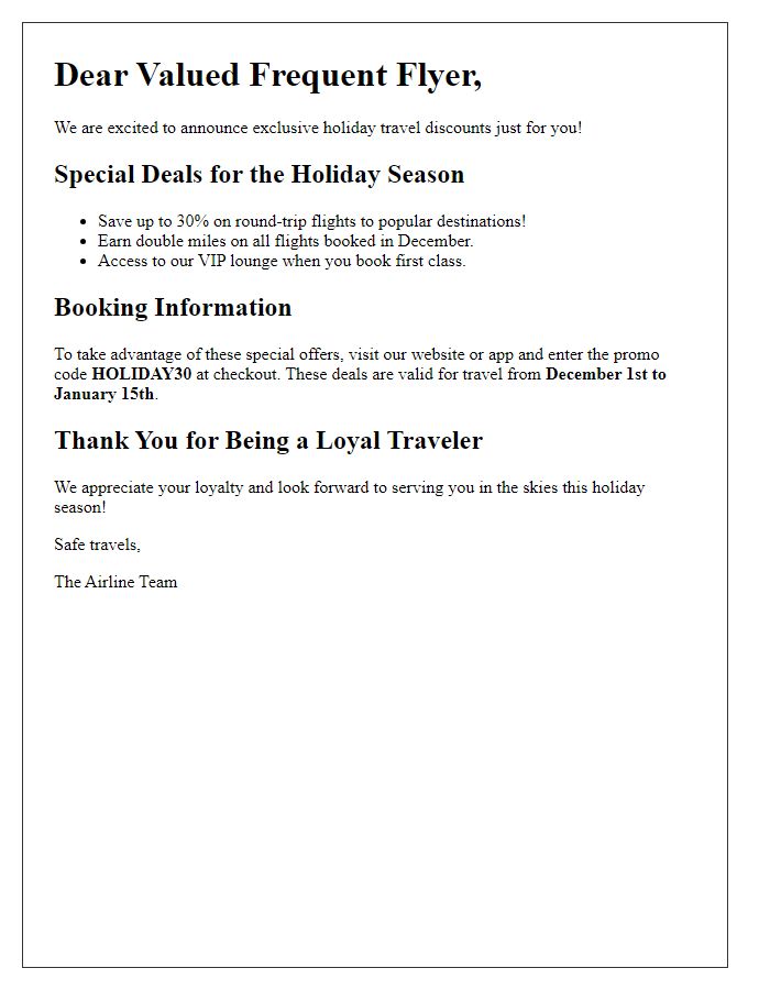 Letter template of holiday travel discount updates for frequent flyers