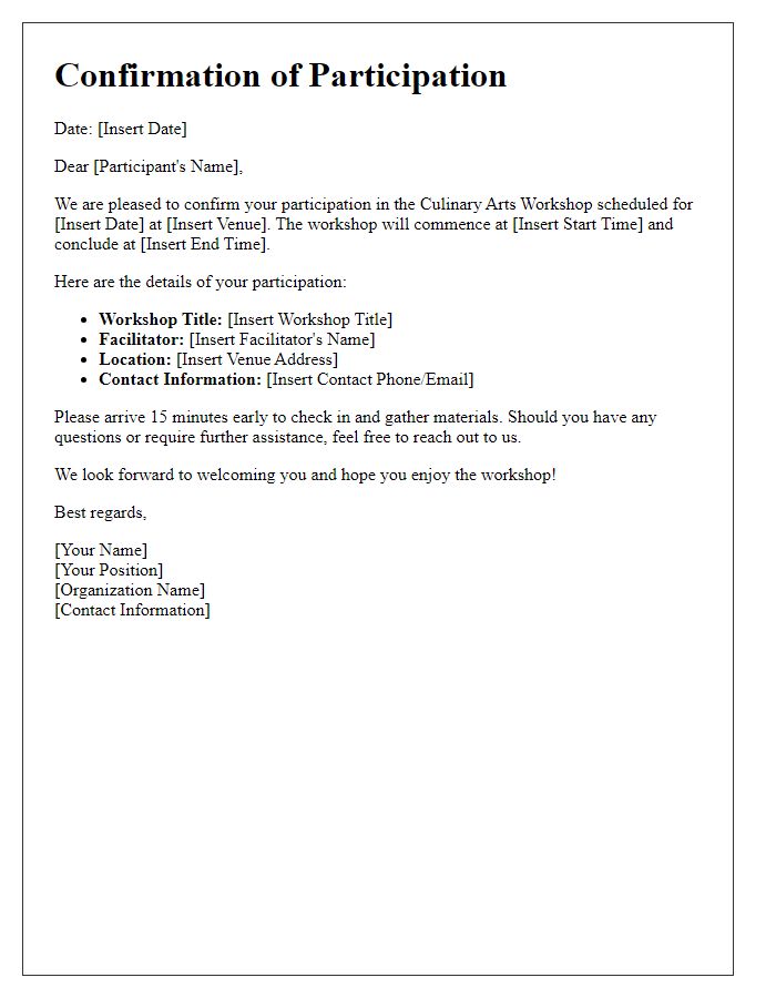 Letter template of confirmation for culinary arts workshop participation