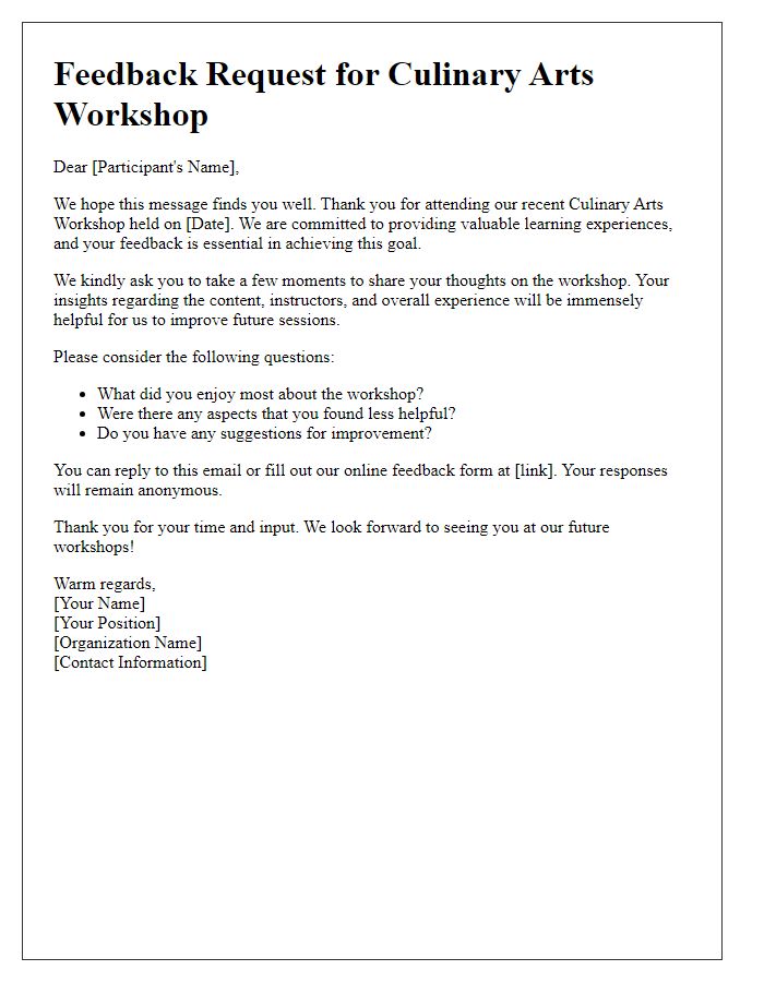 Letter template of feedback request for culinary arts workshop