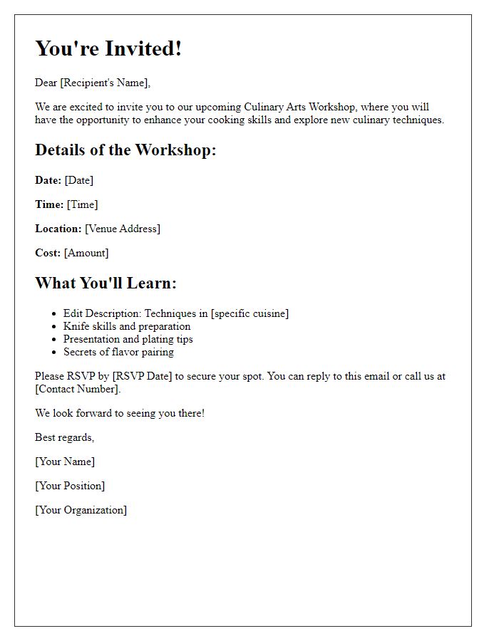 Letter template of invitation for culinary arts workshop