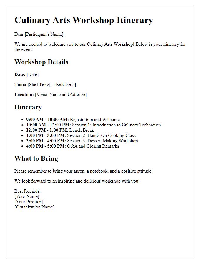 Letter template of itinerary for culinary arts workshop