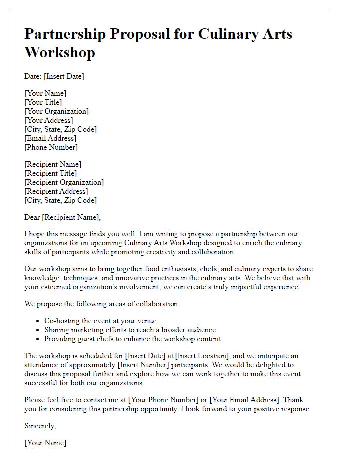 Letter template of partnership proposal for culinary arts workshop