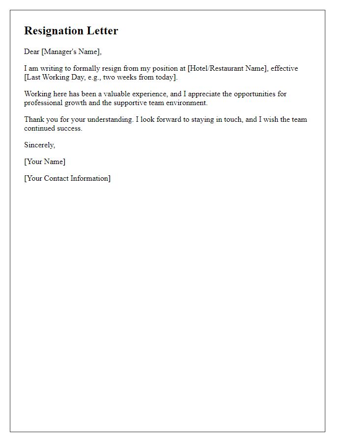 Letter template of departing from hospitality work