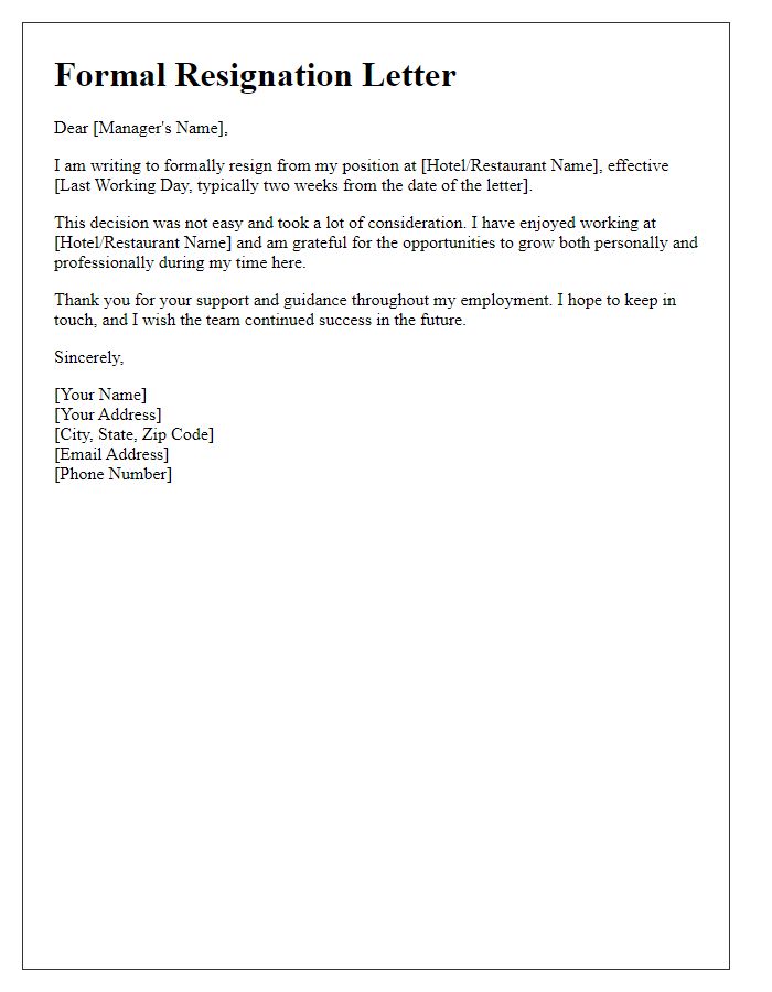 Letter template of formal resignation from hospitality employment