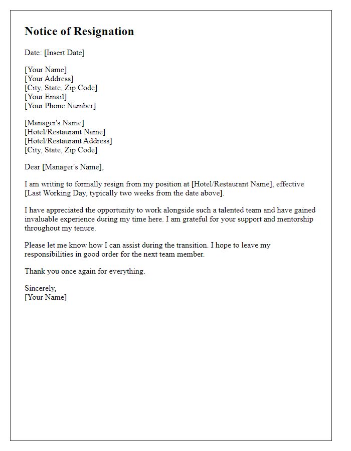 Letter template of notice of resignation in hospitality