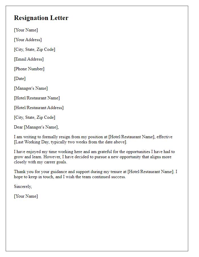 Letter template of quitting my hospitality role