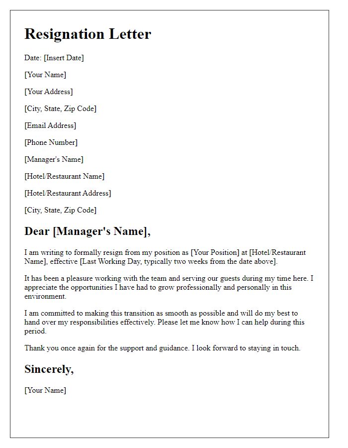 Letter template of resignation from a hospitality position