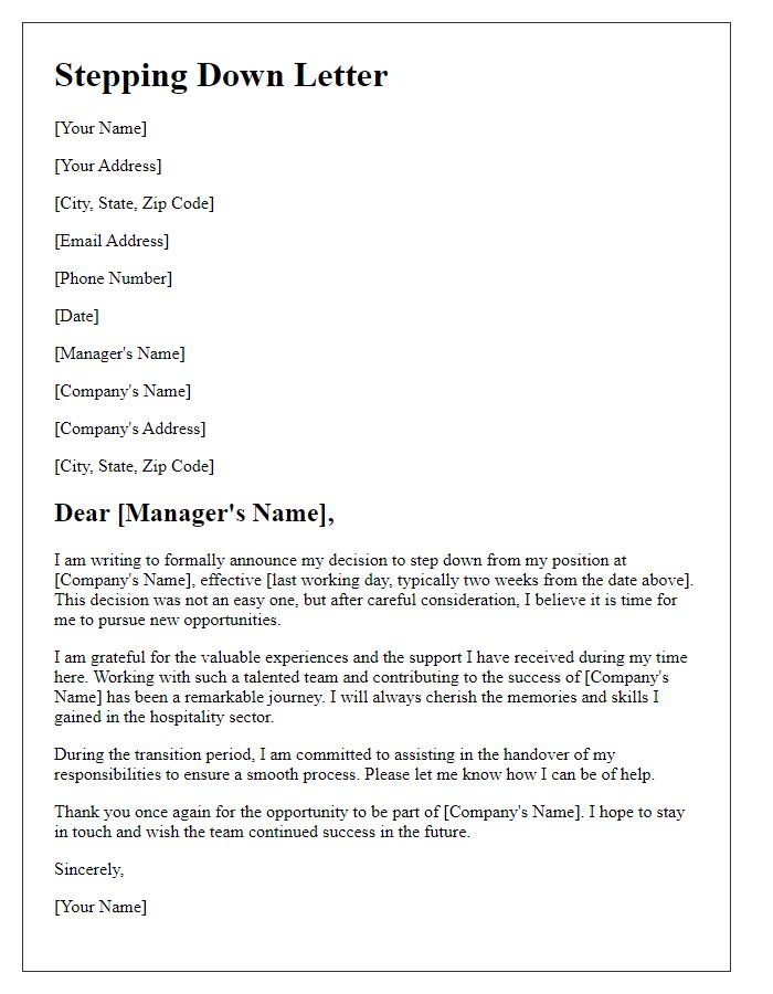 Letter template of stepping down from a hospitality career