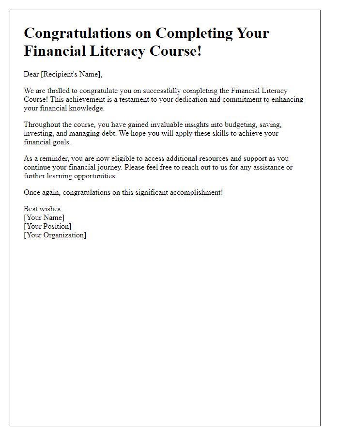 Letter template of completion congratulations for financial literacy course