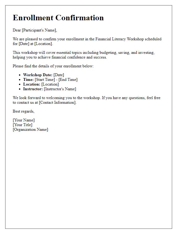 Letter template of enrollment confirmation for a financial literacy workshop