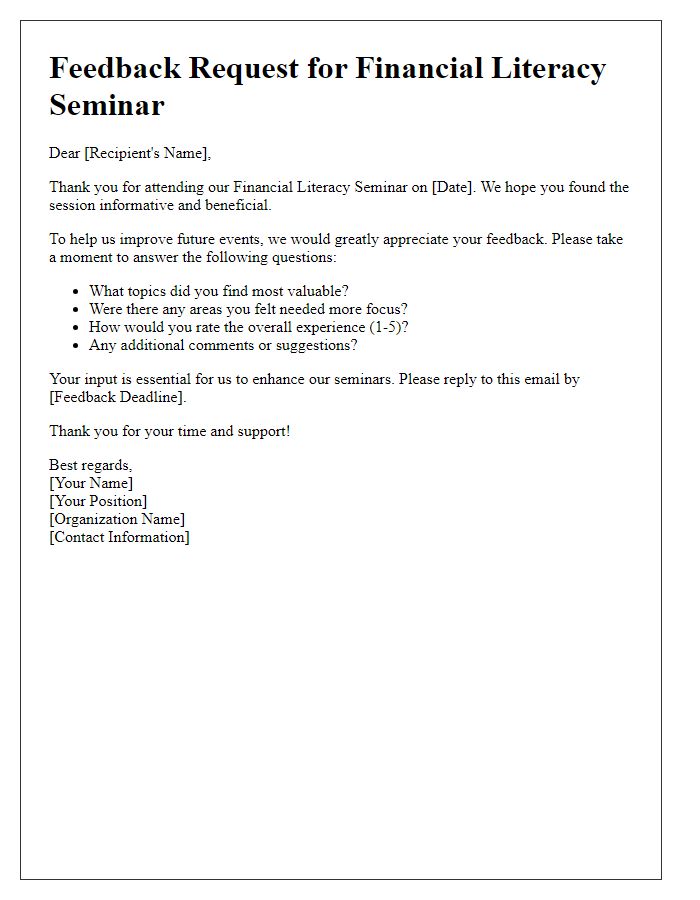 Letter template of feedback request after a financial literacy seminar