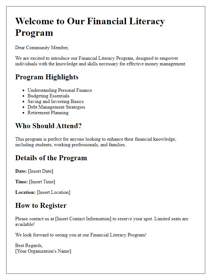 Letter template of informational brochure for a financial literacy program