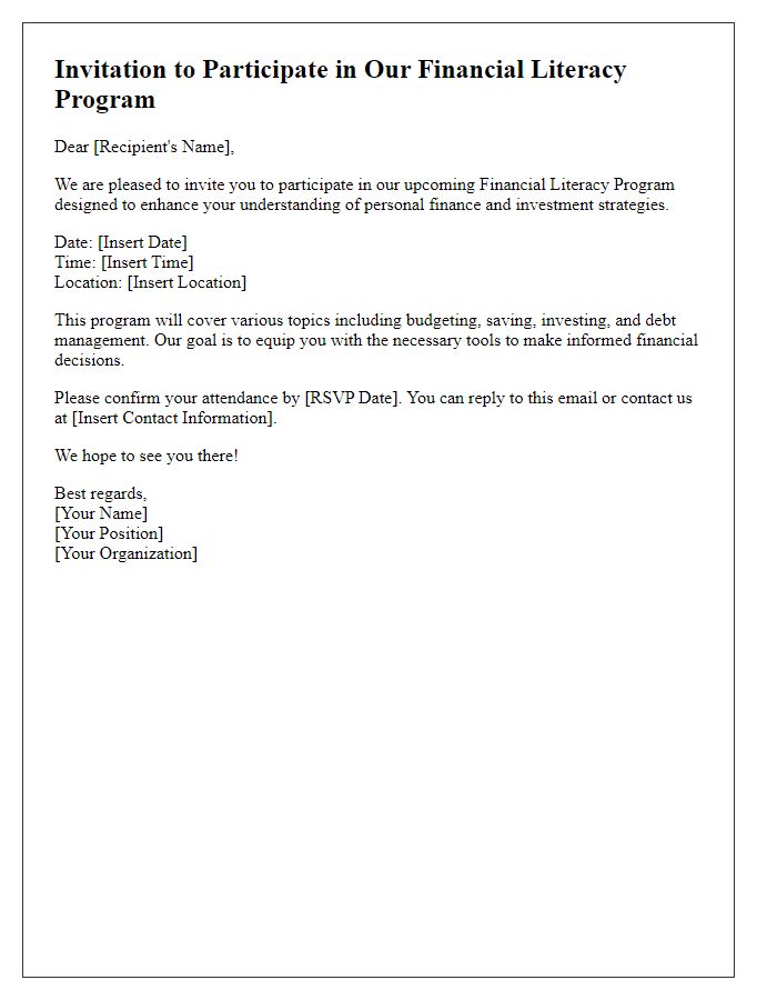 Letter template of invitation to participate in a financial literacy program