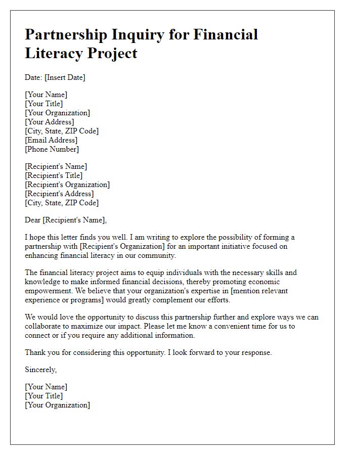 Letter template of partnership inquiry for a financial literacy project