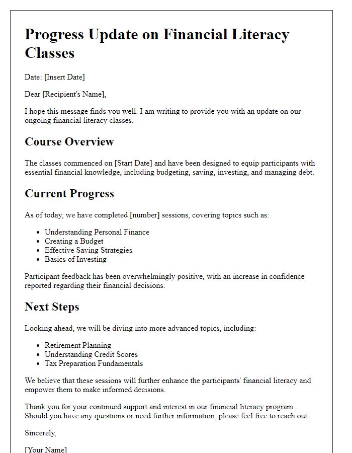 Letter template of progress update for ongoing financial literacy classes