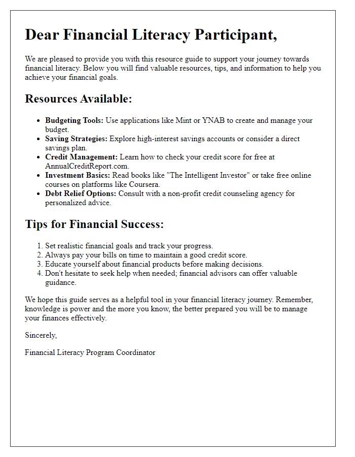 Letter template of resource guide for financial literacy participants