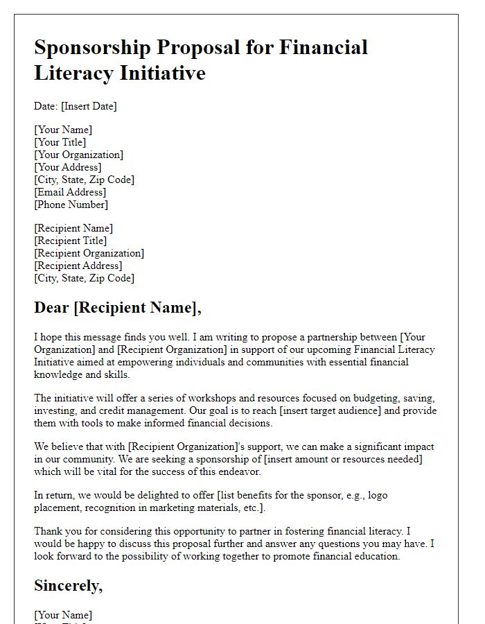 Letter template of sponsorship proposal for a financial literacy initiative