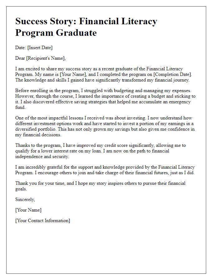 Letter template of success stories from financial literacy program graduates