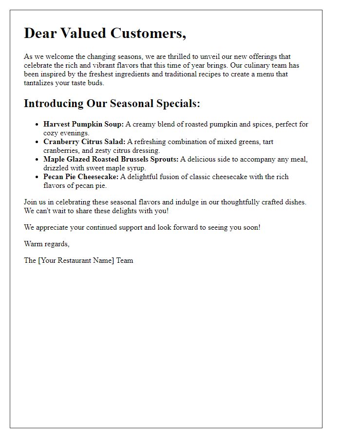 Letter template of celebrating seasonal flavors in new offerings