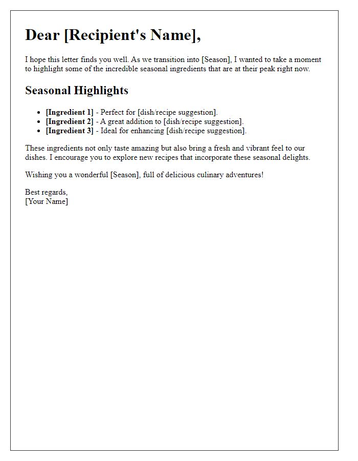 Letter template of highlighting seasonal ingredients