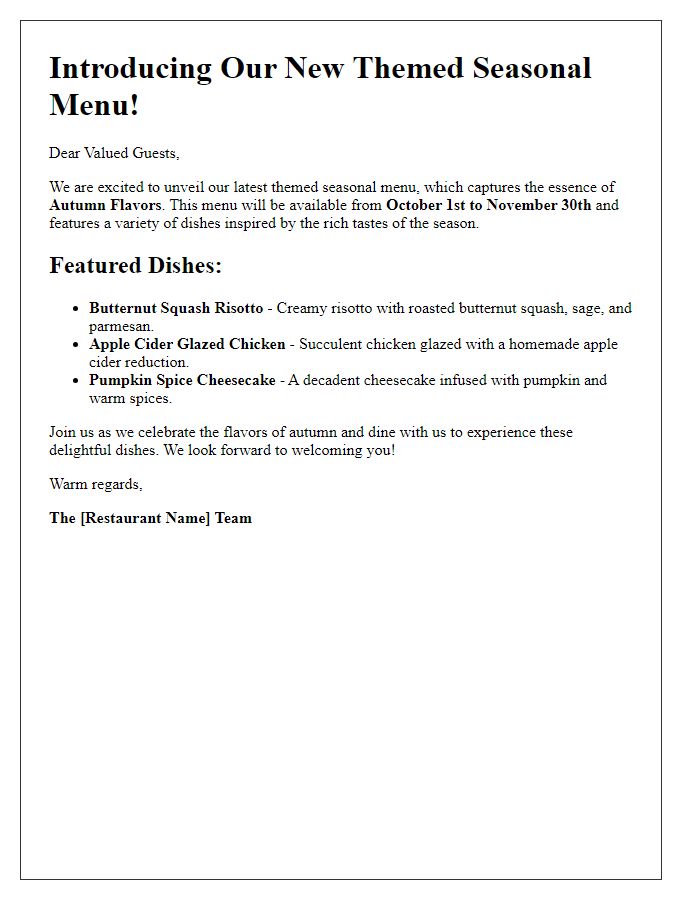 Letter template of introducing a themed seasonal menu