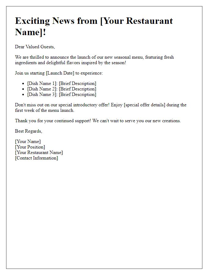 Letter template of new seasonal menu launch announcement