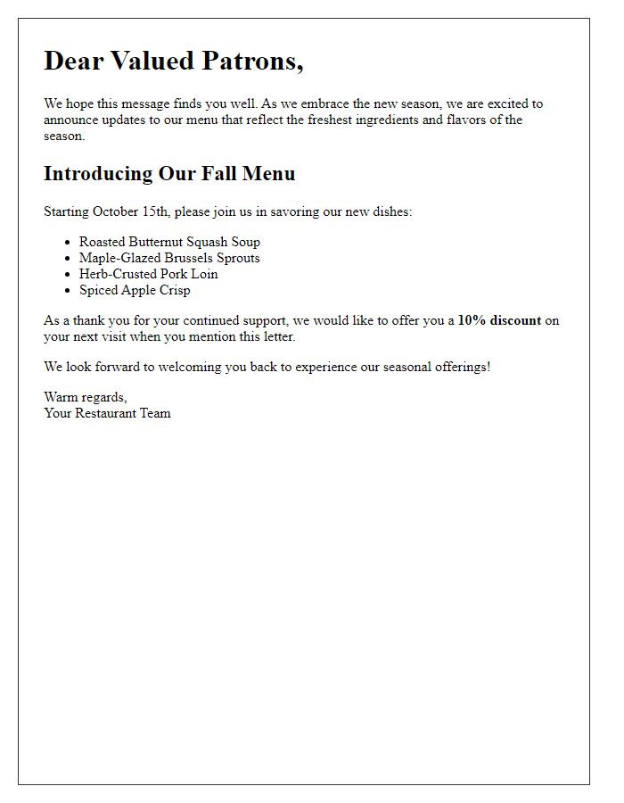 Letter template of seasonal menu updates for regular patrons