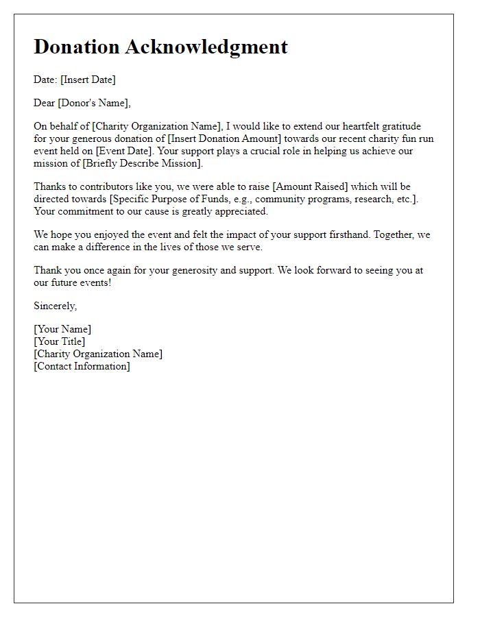 Letter template of donation acknowledgment for charity fun run event