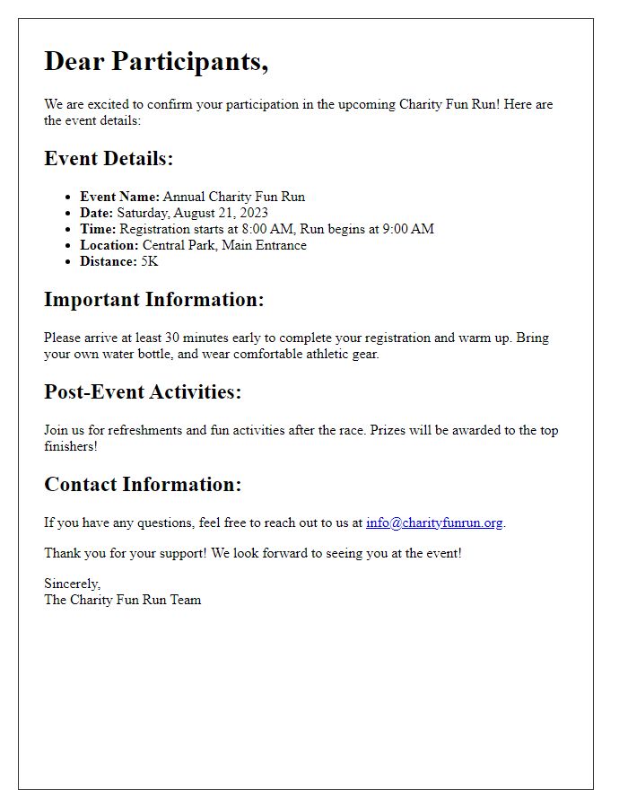 Letter template of event details for participants in charity fun run event