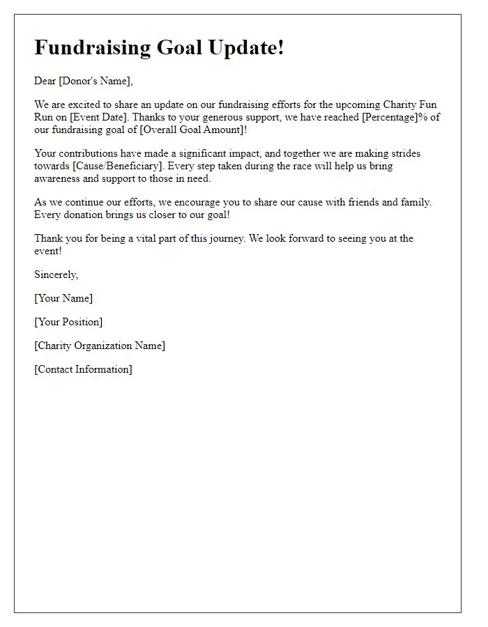 Letter template of fundraising goal update for charity fun run event