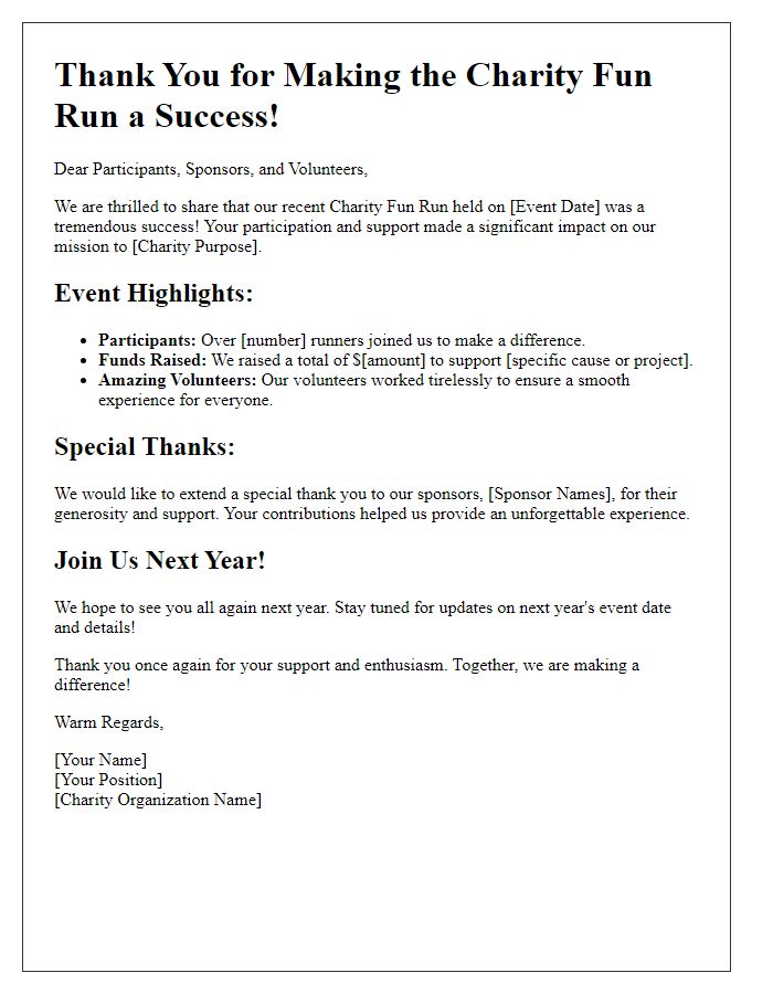 Letter template of post-event recap for charity fun run event