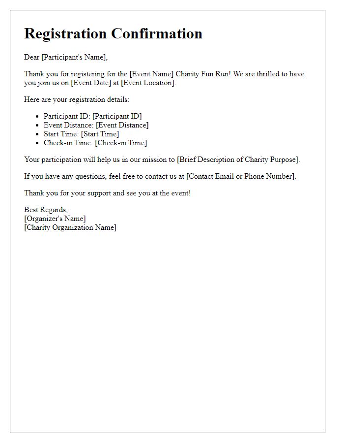 Letter template of registration confirmation for charity fun run event