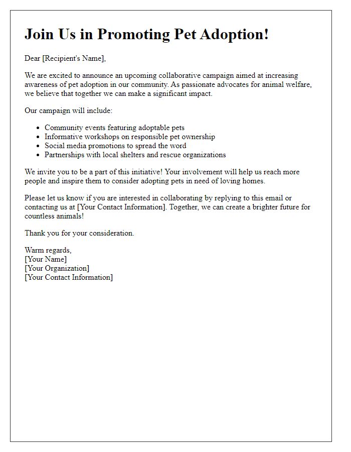 Letter template of collaborative pet adoption awareness campaign