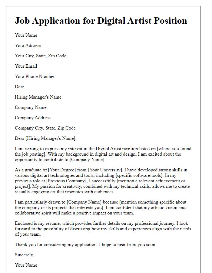 Letter template of digital art job application