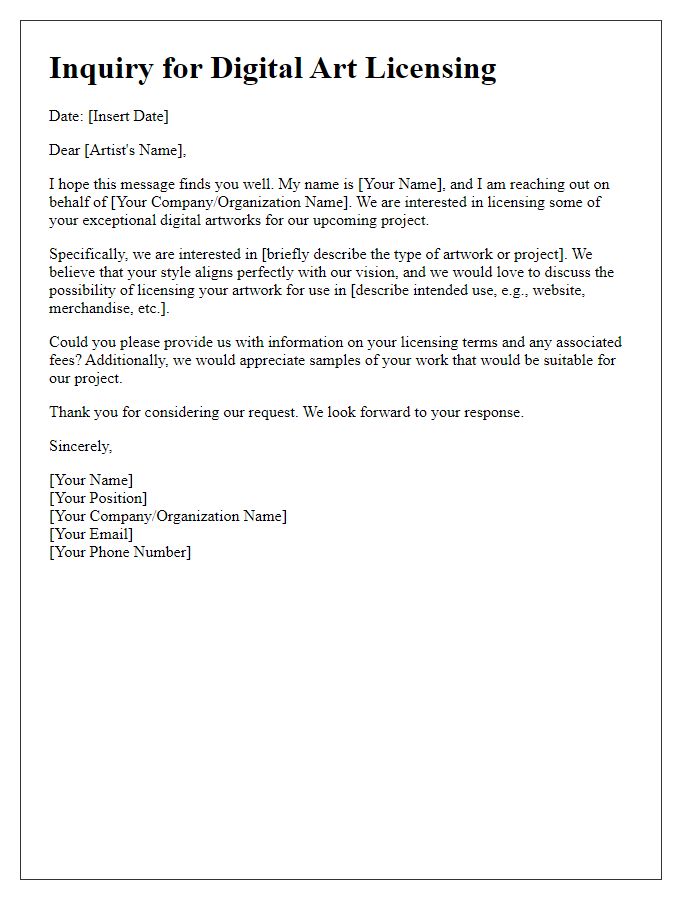 Letter template of digital art licensing inquiry