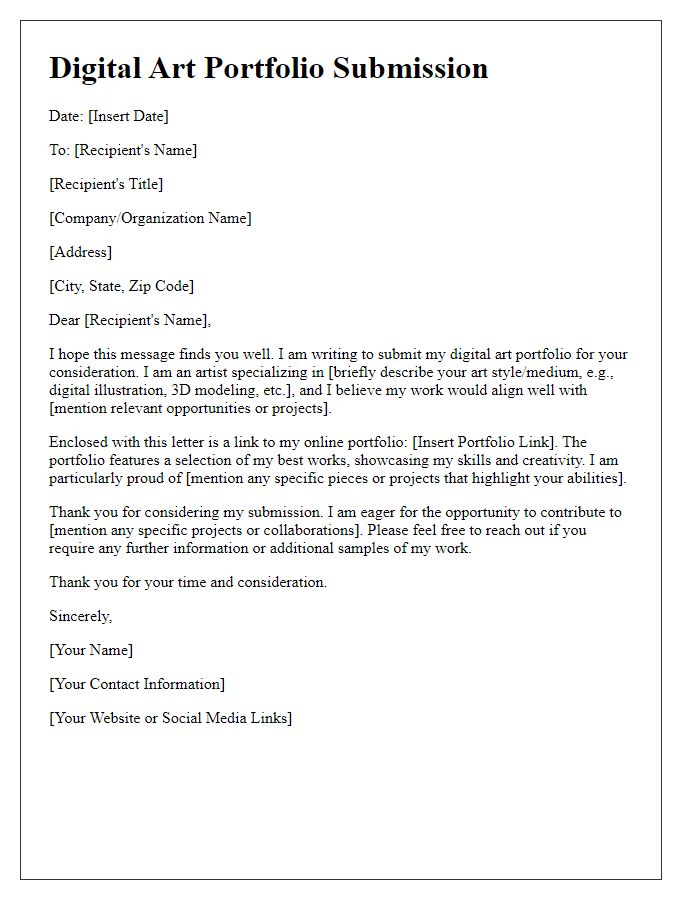 Letter template of digital art portfolio submission