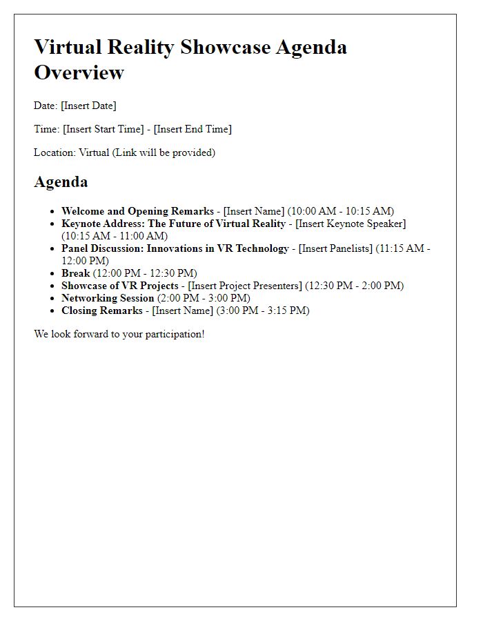 Letter template of agenda overview for virtual reality showcase