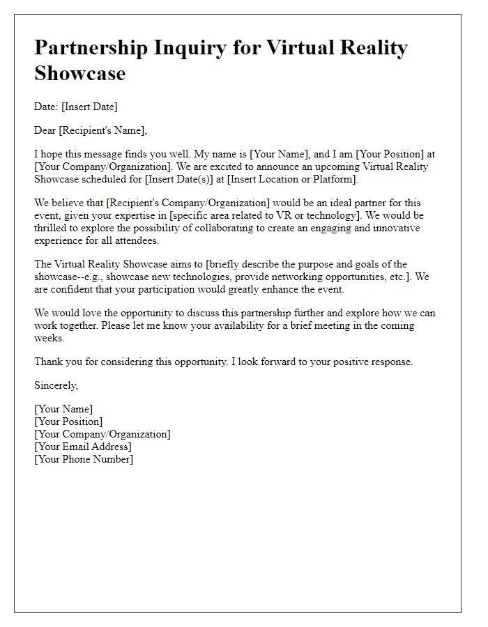 Letter template of partnership inquiry for a virtual reality showcase