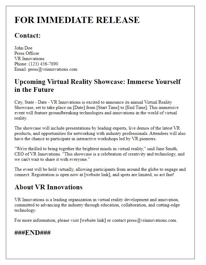 Letter template of press release for an upcoming virtual reality showcase