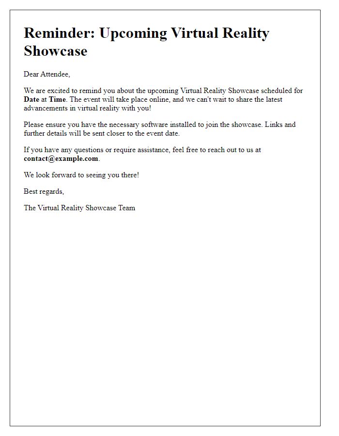 Letter template of reminder for virtual reality showcase attendees