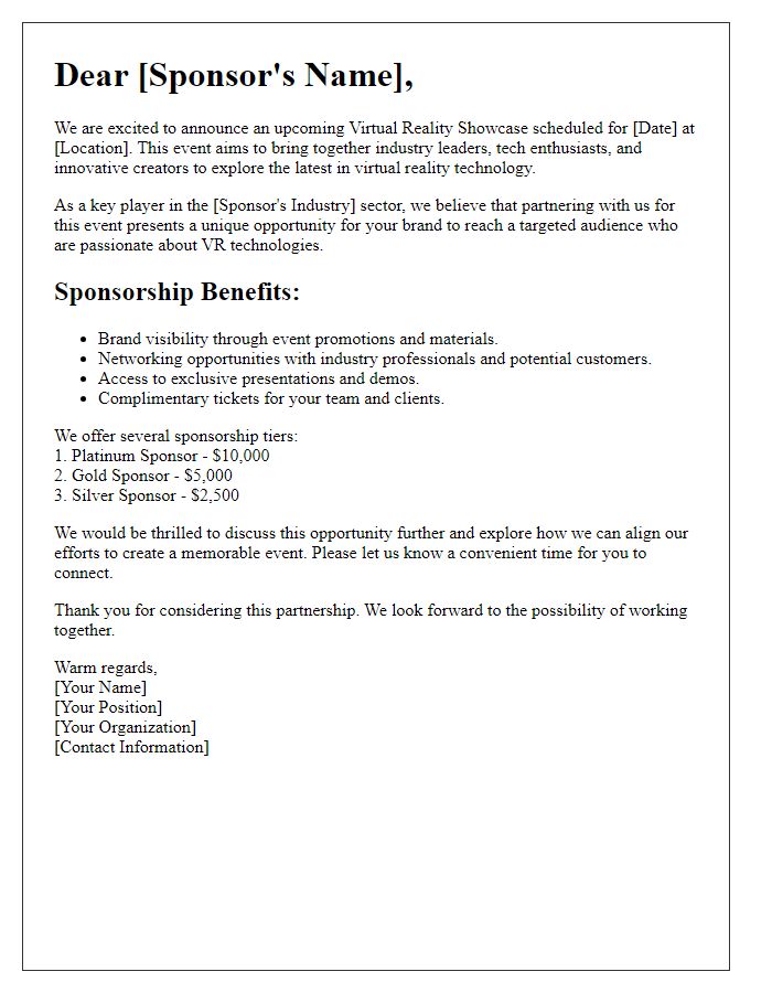 Letter template of sponsorship proposal for virtual reality showcase