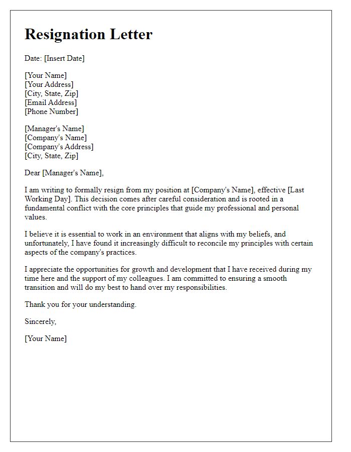 Letter template of resignation because of core principle conflicts